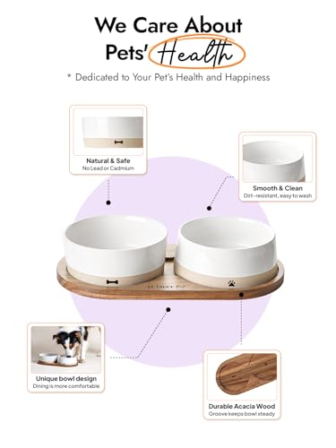 LE TAUCI PET Ceramic Dog Bowls for Medium and Small Dogs - 3.2 Cup Weighted Non-Slip Food and Water Bowls with Acacia Wood Tray, Pet Bowl Set of 2 - size: M-3.2 Cups