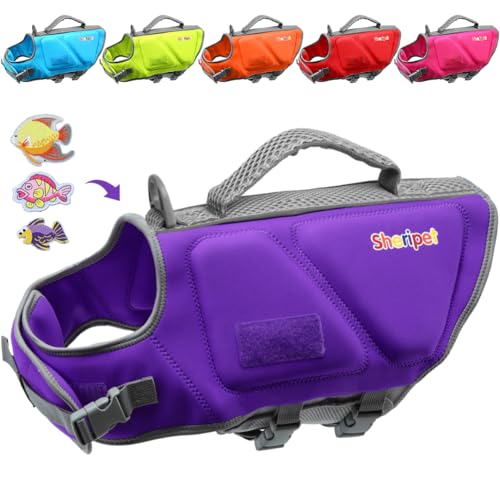 Dog Life Jacket for Medium Dogs, Good Visibility Reflective Dog Lifes Vest for Boating Swimming with Rescue Handle, Adjustable Pet High Flotation Swim Preserver Vest, Medium - color: Purple, size: Medium