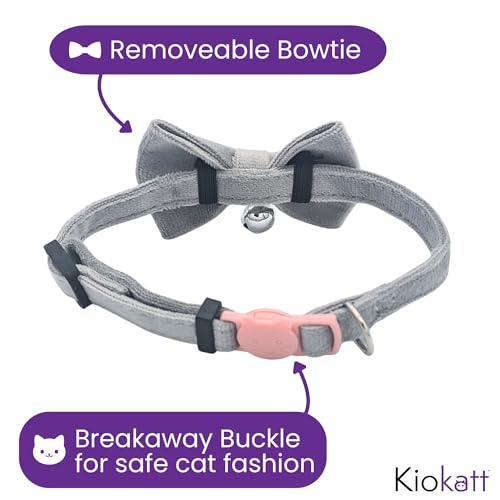 Velvet Bowtie Cat Collar with Bell – Adjustable Breakaway Grey Cat Collar for Adult Cats (7–11 in) - color: Grey