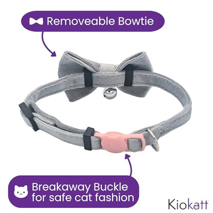 Velvet Bowtie Cat Collar with Bell – Adjustable Breakaway Grey Cat Collar for Adult Cats (7–11 in) - color: Grey