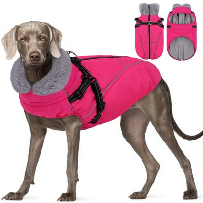XXL Dog Winter Coat, Dog Puffer Jacket with Harness Built in, Pet Windproof Cold Weather Vest with Zipper Dogs Snowsuit, Rose 2XL - color: Rose, size: XX-Large