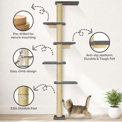 80" Floor to Ceiling Cat Tower, 5-Tier Wall-Mounted Cat Tree with Sisal Scratching Posts, Space-Saving Vertical Cat Furniture for Climbing & Lounging, Indoor Cat Playground, Dark Grey