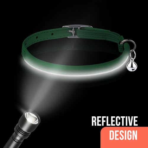 OOPSDOGGY Rolled Leather Cat Collar with Bell, Reflective Kitten Collars with Buckle Include Safety Elastic Strap - Adjustable Small Pet Collars for Boy Girl Cats (Green) - color: Green