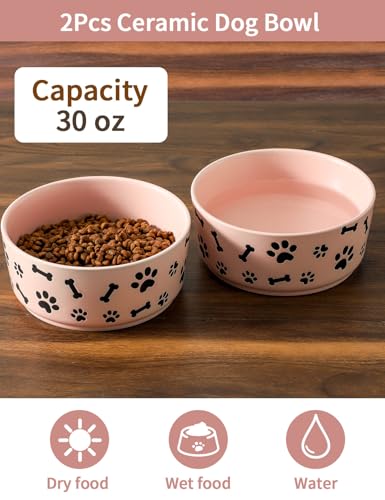 UBEE Ceramic Dog Bowl Set of 2, 6.5 inch Dog Food Bowl Dish with Bone Paw Pattern, Pet Food Water Dish Feeding for Small and Meidum Dogs and Large Cat, Pink - color: Pink-dog paw, size: 6.5 inch x 2
