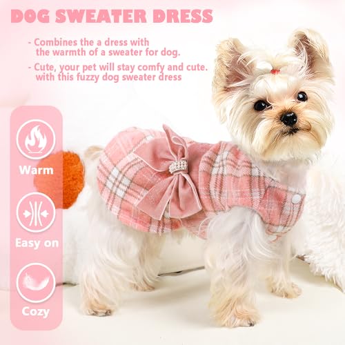 Dog Sweater Dress,Fleece Lining Plaid Dog Dress Sequins Bow-Knot Winter Dog Clothes Girl Pet Clothes Sweater Dresses Coats Cat Outfits XS,Pink - color: Plaid Pink, size: X-Small (Chest 14.2 in)