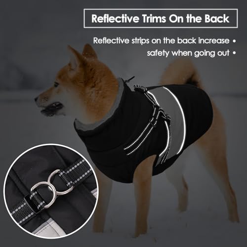 Small Dog Coat with Harness Built in, Warm Dog Jacket Winter with Zipper On Back, Waterproof Pet Snow Jacket Snowsuit Pet Sweater Clothes for Puppy, Black XS - color: Black, size: X-Small