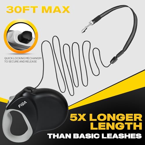 Fida Upgraded Retractable Dog Leash 30ft, Heavy Duty Pet Walking Leash for Medium/Large Breed up to 110 lbs, 360° Tangle-Free Long Retract Dog Lead, Soft Grip, One-Hand Brake, Black (Pack of 2) - color: Black, size: Large（30ft） (Pack of 2)