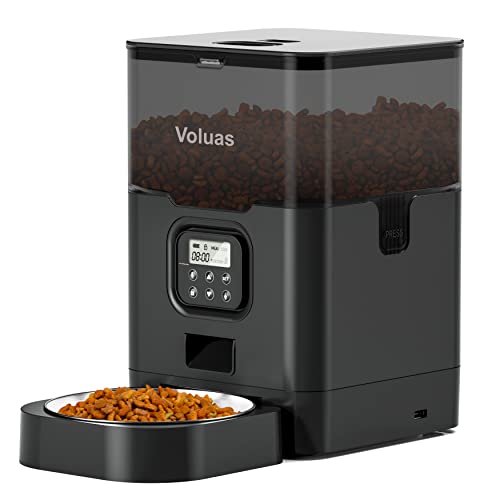 VOLUAS Automatic Cat Feeders - Pet Dry Food Dispenser with Timer, Automatic Cat Feeders with Desiccant Bag, Programmable Portion Size Control 4 Meals Per Day, 10s Voice Recorder - color: Black Transparent, size: 4 L
