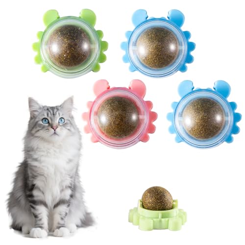 4 Pack Catnip Ball Toy 360° Organic Nips Mint Magic Stick on Wall Cat Nips for Cats Wall Catnip Rollerball Licking Ball Cat Nips for Cats Wall Catnip Rollerball Licking Ball