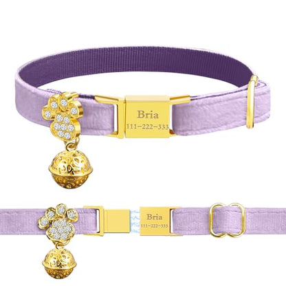 Personalized Breakaway Cat Collars - Magnetic Buckle, Bell - Safety Quick Release, Customized for Girls & Boys Cats- (Velvet-Light Purple) - color: Velvet-Light Purple