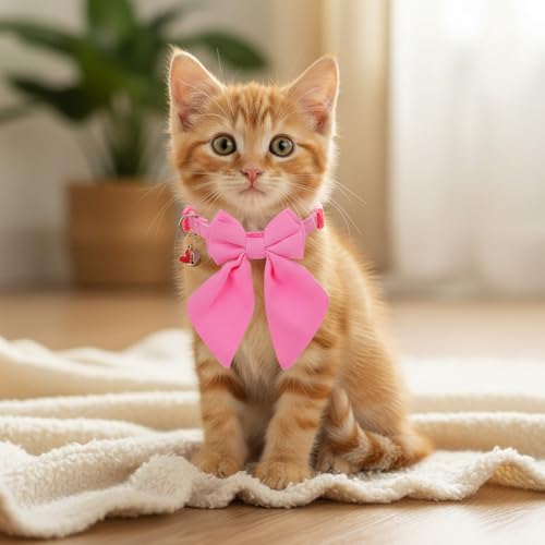 SynHHergyx 2 Pack Pink Cat Collar with Bow, Cute Cat Collar Breakaway with Bells, Pink Bowtie for Girl Cats, Cute Small Kitten Collars with Removable Safety Bowtie
