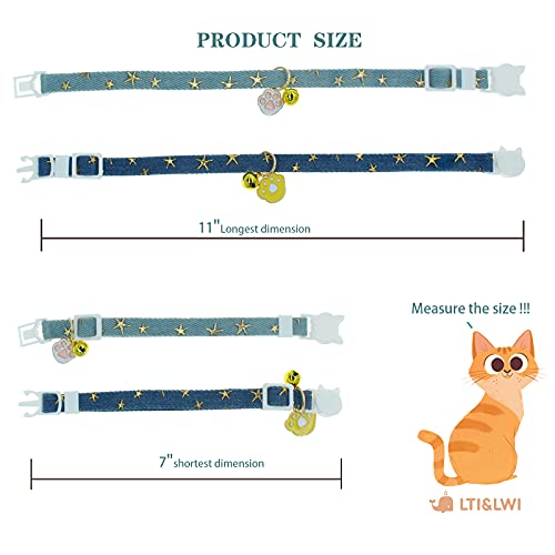 2 Pack Denim Breakaway Cat Collars with Bell Cat Paw Pendant Kitty Kitten Collars Blue Collar for Female Girl Cats Male Boy Cats Star Print - color: Blue