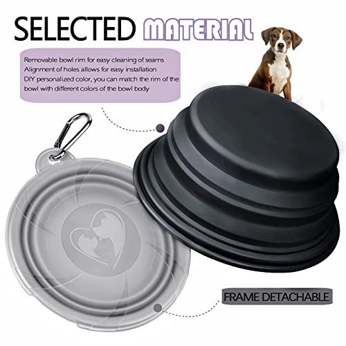 Collapsible Dog Bowls - Portable Travel Dog Bowls with Lids & Carabiners, 2 Pack Silicone Feeding Watering Pet Bowls for Dogs Cats, 450ml/15oz Collapsable Doggy Bowl for Walking Hiking (Grey+Black)