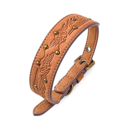 Blueberry Pet Premium Embossed Silver-Powered Freshness Microfiber Suede Leather Dog Collar in Saddle Brown - color: Saddle Brown, size: Small