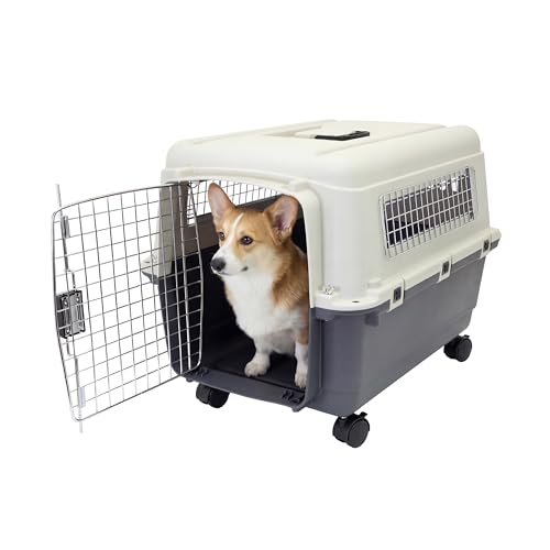 SportPet Airline Compliant MEDIUM 24.25" Travel Dog Kennel-Durable Plastic Airline Pet Carrier w/Removable Wheels & Food Bowls, Collapsible Indoor/Outdoor Dog Kennel, Dogs up to 23"L & 15"H-Cream/Gray - color: Cream/Gray, size: 26.5"L x 20.0"W x 18.5"H
