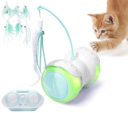 Remote Control Cat Toy with Auto Mode - Interactive Cat Toy Feather for Indoor, Moving Cats Catnip Toys & LED to Keep Bored Cats Active & Entertained