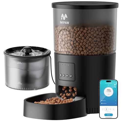 IMIPAW Automatic Cat Feeder 5G WiFi and Water Dispenser, Timed Dry Food Dispenser APP Remote Control, Programmable Portions, with Desiccant, Cat Fountains for Drinking with Filter, Small Pets (Combo)
