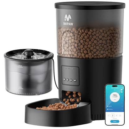 IMIPAW Automatic Cat Feeder 5G WiFi and Water Dispenser, Timed Dry Food Dispenser APP Remote Control, Programmable Portions, with Desiccant, Cat Fountains for Drinking with Filter, Small Pets (Combo)