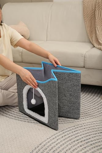 Modern Indoor Cat House Cube with Scratching Post and Play Ball, Easy to fold, disassemble, and Clean，Compact Pet Apartment for Small Cats (Dark Grey) - color: Dark Grey