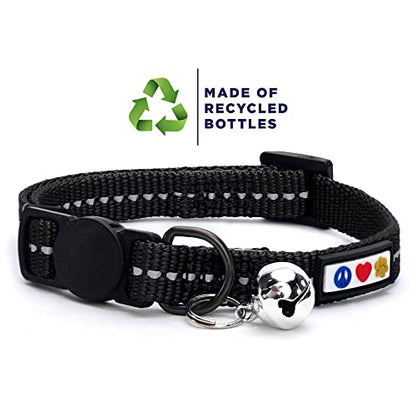 Pawtitas Recycled Black Reflective Cat Collar – Eco-Friendly Breakaway Safety Buckle, Adjustable Kitten & Adult Collar with Removable Bell and High-Visibility Strap - color: Recycled Black