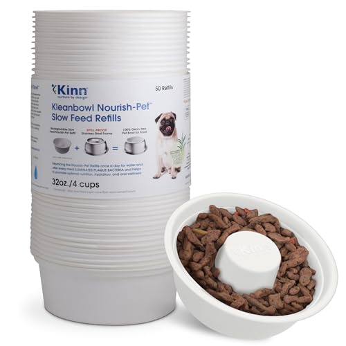 Kinn Slow Feeder Dog Bowl, Disposable Pet Food Dish to Slow Down Eating Dogs, Frame Refills, for Travel, Boarding, or Crate, Compostable Pet Travel Bowl, No Plastic, Leakproof, 4 Cups (50 Count) - size: 50 Refills