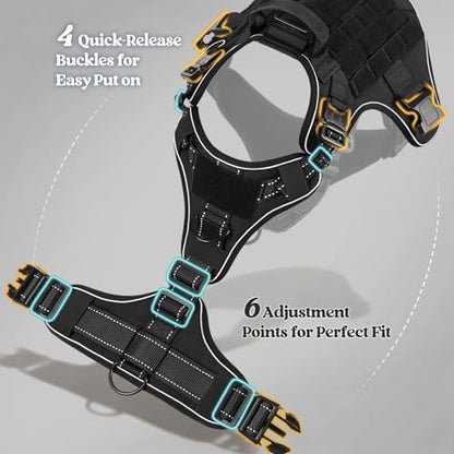 rabbitgoo Tactical Dog Harness Medium Sized, No Pull Upgraded Reflective Heavy Duty Molle Vest with Handle, Adjustable Military Service Dog Vest for Walking Hiking Training, Black, M - color: Black Reflective, size: Medium