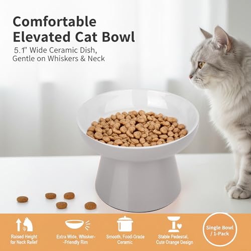 Elevated Ceramic Cat Bowl – Wide Whisker-Friendly Raised Design to Reduce Vomiting & Improve Digestion, Non-Slip Base, Lead & Cadmium Free, Dishwasher Safe (Grey) - color: Grey