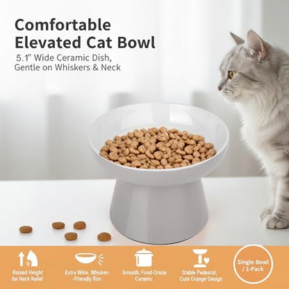 Elevated Ceramic Cat Bowl – Wide Whisker-Friendly Raised Design to Reduce Vomiting & Improve Digestion, Non-Slip Base, Lead & Cadmium Free, Dishwasher Safe (Grey) - color: Grey
