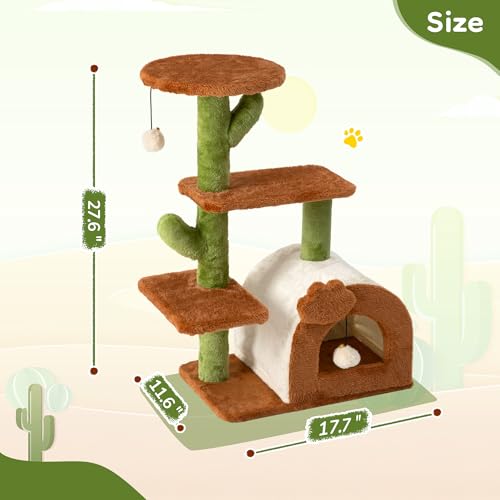 Cactus Cat Tree for Indoor Cats, 27.5'' Small Cat Tower with Cozy Condo, Wide Top Perch Multi-Level Climbing and Lounging Space, Brown - color: Brown-2