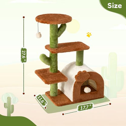 Cactus Cat Tree for Indoor Cats, 27.5'' Small Cat Tower with Cozy Condo, Wide Top Perch Multi-Level Climbing and Lounging Space, Brown - color: Brown-2
