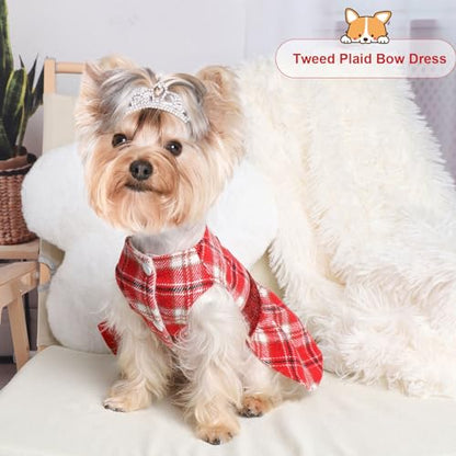Red Dog Dress Dog Sweater - Christmas Doggy Clothes for Small Dogs - Puppy Sweater Dress Princess Plaid Dress - Pet Outfit Holiday Festival Puppies Apparel Wedding Birthday Winter Clothing, XXS, Red - color: Red Plaid, size: XX-Small (Chest 11in )