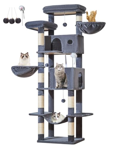 Taoqimiao Cat Tree Tower, 76-Inch Sturdy Cat Tree for Indoor Cats Large Adult Cat Tower with Scratching Posts，2 Condos, 2 Perches, 2 Large Hanging Baskets, Soft Hammock, MS046G Smoke Gray - color: Smoke Gray