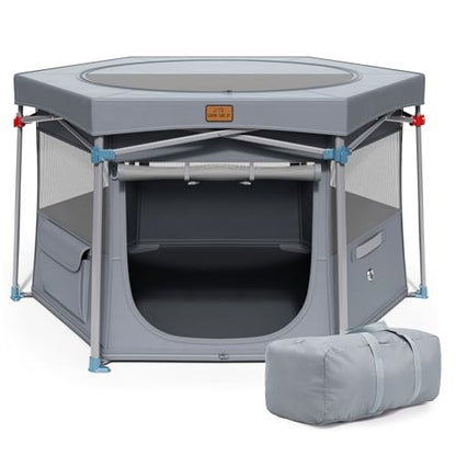 CANINE CANYON Zora Portable Pet Playpen, Foldable Dog Playpens for Indoor and Outdoor Exercise, Pop Up Pet Fence with Carrying Case for Dogs/Puppies, Dove Gray, 49" x 49" x 28"
