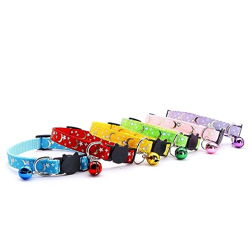 Reflective Cat Collars Breakaway with Bell 2-Pack Girl Boy Pet Kitten Collar with Star Moon Patetrn Adjustable 7.5-12.5 Inch (Yellow) - color: Yellow
