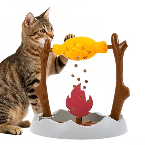 Cat Puzzle Toy - Cat Treat Dispensing Slow Feeder with 3 Dispensing Holes, Rotatable Roast and Flame Interactive Cat Treat Dispenser Toy, Enrichment Interactive Stimulation Toy for Indoor Kitty