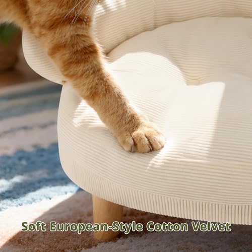 Cat Sofa Furniture-Style Pet Bed with Removable Cotton Velvet Cover, Solid Pine Wood Legs, for Cats and Small Dogs, White - color: White