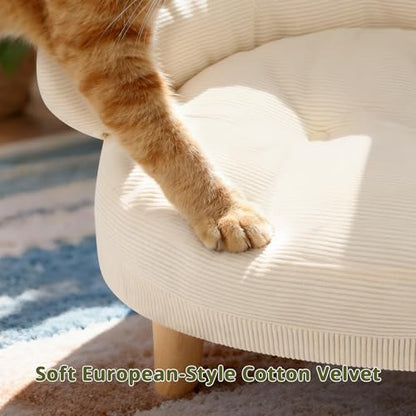 Cat Sofa Furniture-Style Pet Bed with Removable Cotton Velvet Cover, Solid Pine Wood Legs, for Cats and Small Dogs, White - color: White