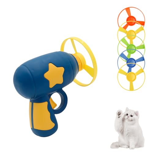 Andiker Cat Fetch Toy, Interactive Kitten Flying Disc Launcher Toy with 5 Colorful Flying Propellers for Cat Enrichment, Flying Saucer Toy for Cats for Training and Chasing (Navy Blue) - color: Navy blue