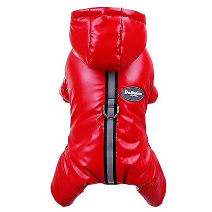 Izefia Dog Coat Windproof Jacket Cold Weather Coats 4 Legs Warm Jumpsuit Winter Thick Clothes Snow Proof Cotton Coat for Small Dog Medium Cat Red S - color: Red, size: Small (Back length: 6.7 inches)