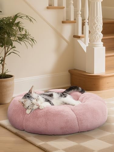 OhGeni 20 inches Calming Donut Dog & Cat Bed for Small Pets, Warming Comfort Fluffy Short Pile Fur, Durable Machine Washable Round Bed, Cute Round Bed for Puppy and Kitten, Pink - color: 3-Pink, size: XS (21"L x 21"W x 6.5"Th)