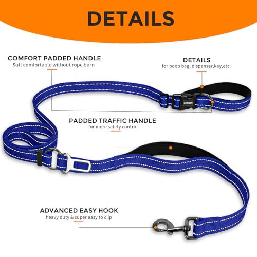 Hands Free Dog Leash by Kazazoo, Adjustable 6-9 FT Waist & Crossbody Leash with Quick Off Buckle, Reflective Stitches for Walking, Jogging,Medium to Large Dogs & Puppies Blue-L - color: Blue, size: L