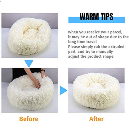 Plush Dog Bed Pet Calming Fur Bed, Fluffy Donut Round Cat Beds, Anti-Slip & Anti-Anxiety, 16 Inch for Puppy and Kitties, Black, XS - color: Black, size: XS - 16 inch