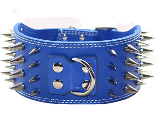 3" Sharp Spiked Studded PU Leather Dog Collar for Training,Sports,Walking,Medium,Large,X-Large,for Pitbull,Labrador,Boxer (M, Blue) - color: Blue, size: M