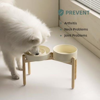 Havniva 9.5” Raised Slow Feeder Dog Bowls Set, 3.2 Cups Ceramic Slow Feeder Dog Bowl and 8.2” Dog Water Bowl with Elevated Wooden Stand Puzzle Dog Food Bowl for Large Dogs Anti-Gulping & Anti-Choking - color: 2 x Light Yellow+Stand-A, size: 9.5inch