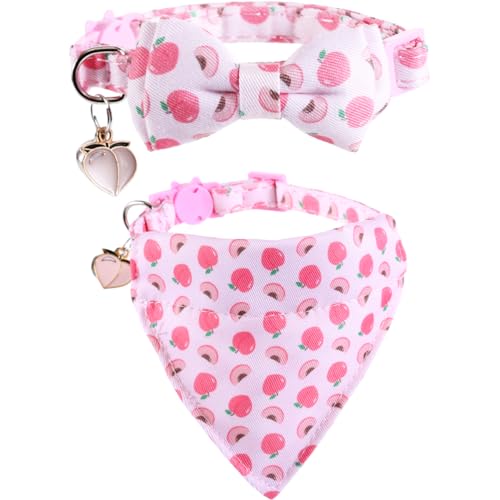 Cat Collar Breakaway with Cute Bow Tie Bandana and Bell Fruits Accessories for Kitty Adjustable Safety - color: juicy peach