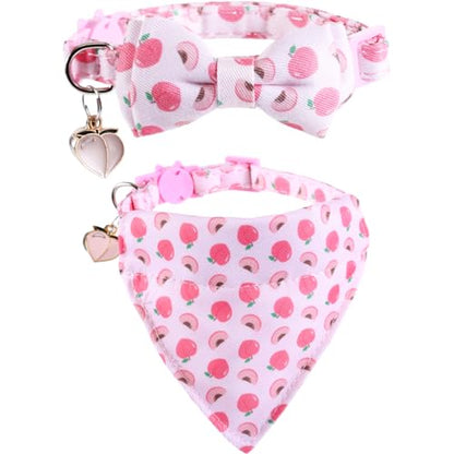 Cat Collar Breakaway with Cute Bow Tie Bandana and Bell Fruits Accessories for Kitty Adjustable Safety - color: juicy peach
