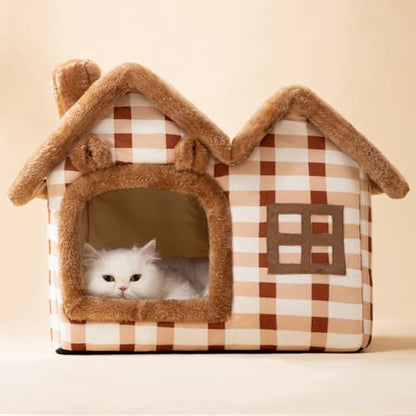 Cute Bear Pet Nest Luxury Double Roof Indoor Dog House Winter Cat Nest Foldable Warm Soft Kennel Cozy Cat House with Removable Cushion Pillow and Non-Slip Bottom - size: S:15.4*12.6*13.4IN