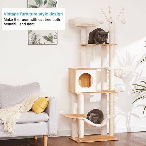 Hey-brother Wooden Cat Tree, 66.1“ Cat Furniture with Scratching Posts, Modern Cat Tower with hammocks, Toys, cat condo, Walnut MPJ120WB - color: Walnut