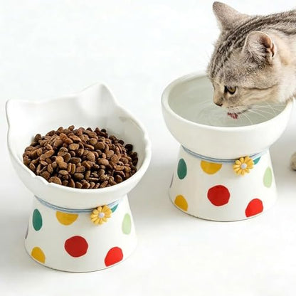 Elevated Ceramic Cat Bowls, 15°Raised Cat Food Bowl,Whisker Friendly Anti Vomiting Cats Dishes,Anti Vomiting&Protect Pet's Spine,Feeder Dish for Indoor Kitty and Small Dogs (Polka dot Tall cat Bowl) - color: Polka dot tall cat bowl