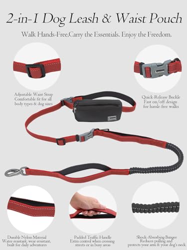 Hands Free Dog Leash with Zipper Pouch & Waist Belt – Reflective Durable Bungee Leash with Dual Padded Handles for Walking, Jogging & Running, Fits Small to Large Dogs (Red) - color: Red